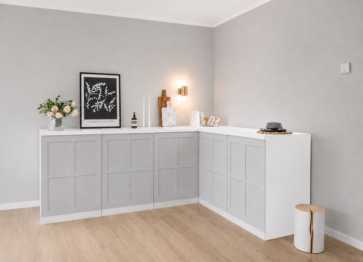 Cocina de cartón en L 240 × 180 cm en gris claro para Home Staging