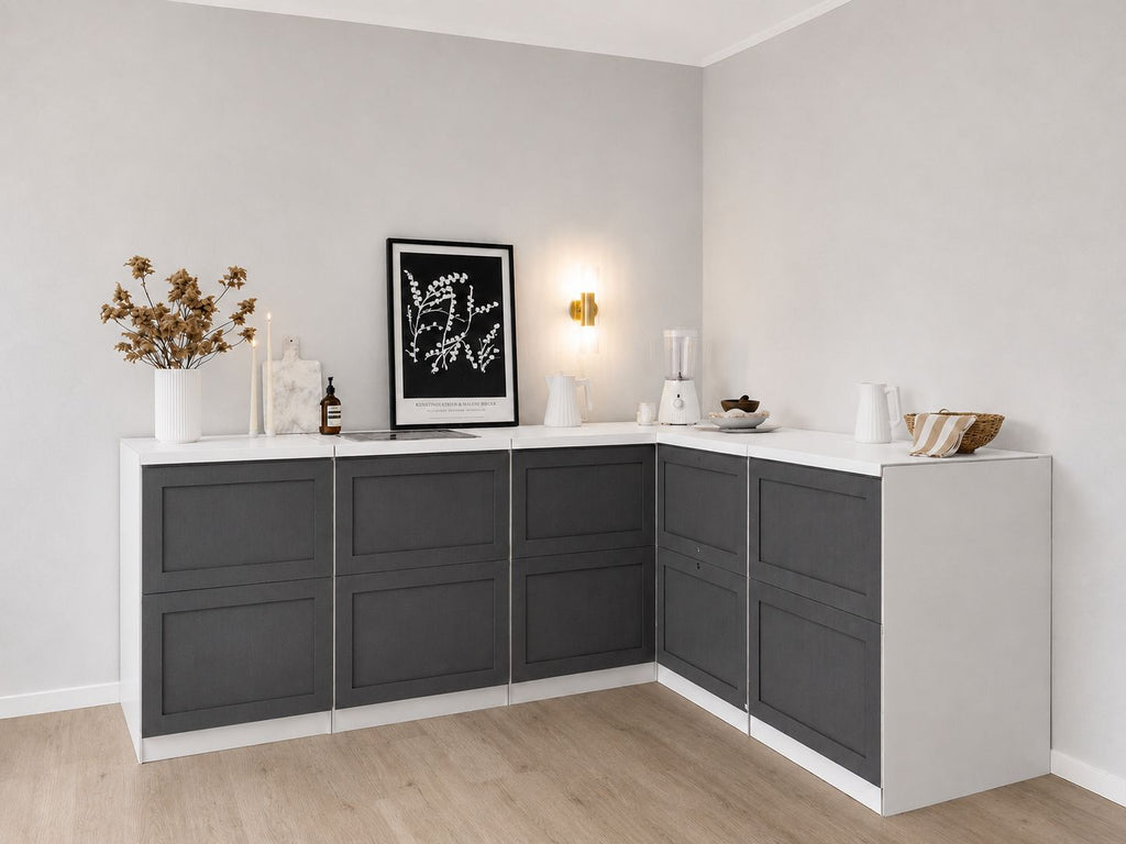 Cocina de cartón en L 240 × 180 cm en antracita para Home Staging
