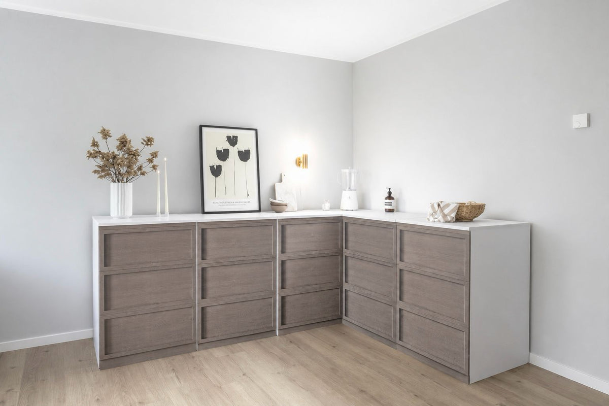 Cocina de cartón en L 240 × 180 cm efecto madera para Home Staging
