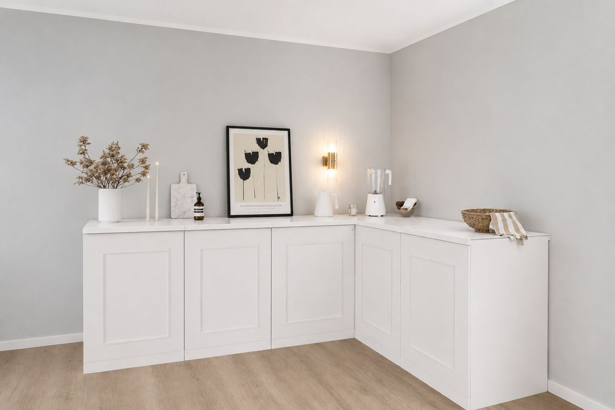 Cocina de cartón en L 240 × 180 cm en blanco nieve para Home Staging