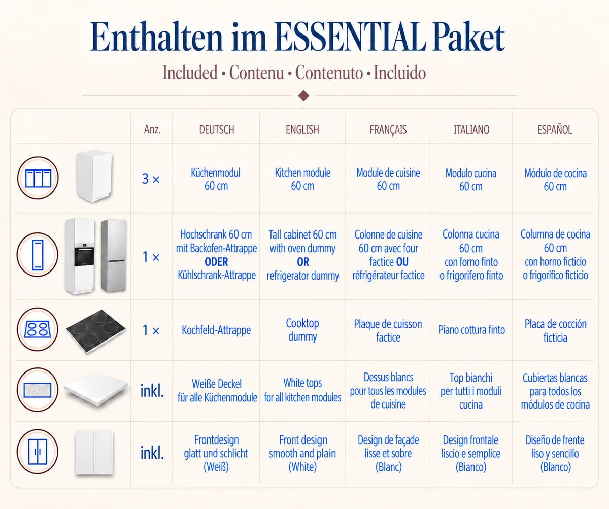 Contenido del conjunto de cocina ESSENTIAL de cartón, 240 cm