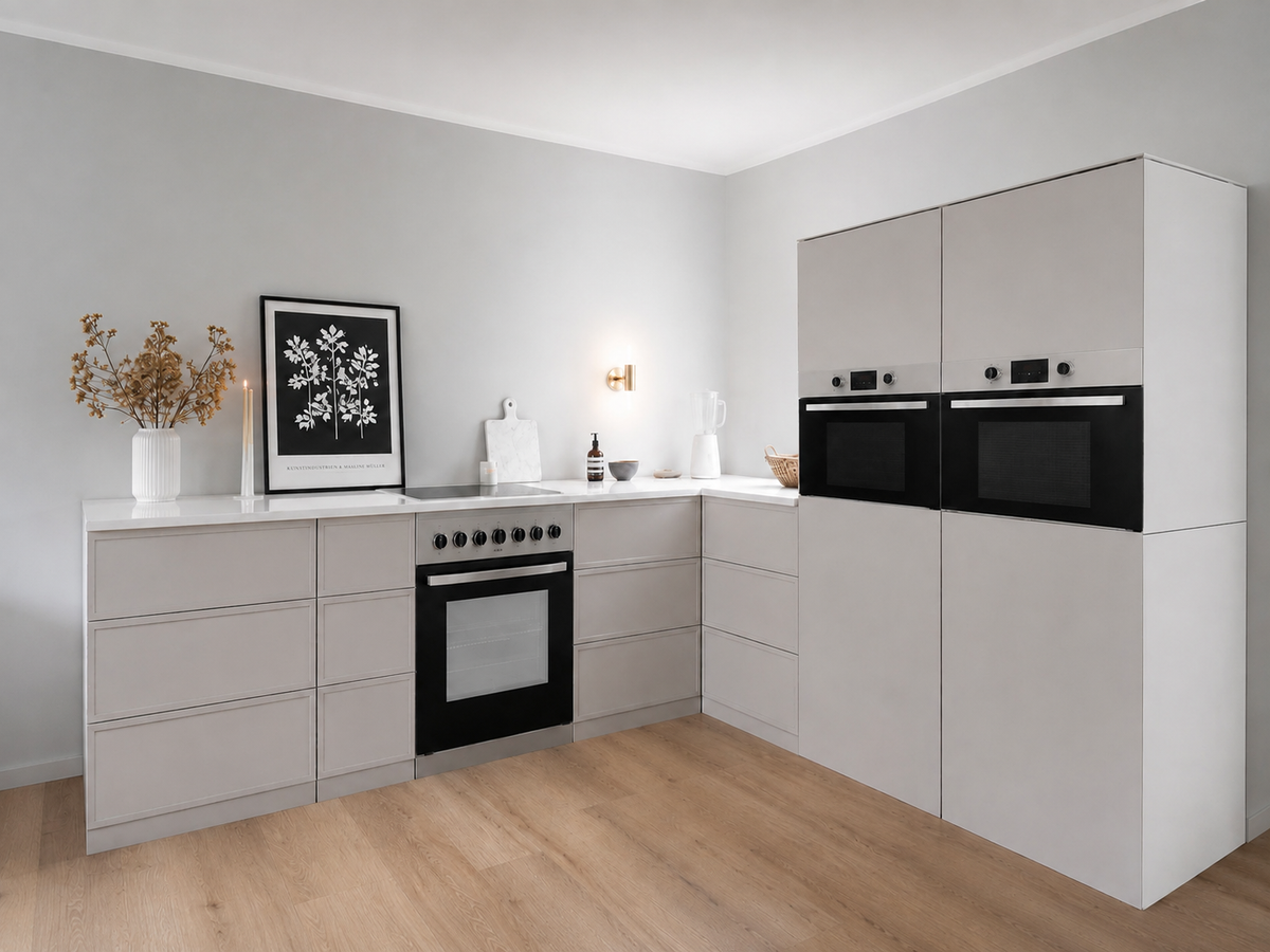 Cocina de cartón 270 × 240 cm con dos módulos altos en beige para Home Staging