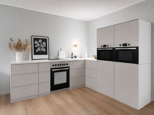 Cocina de cartón 270 × 240 cm con dos módulos altos en beige para Home Staging