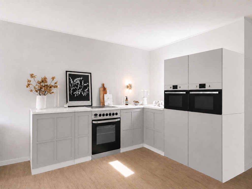 Cocina de cartón 270 × 240 cm con dos módulos altos en gris claro para Home Staging