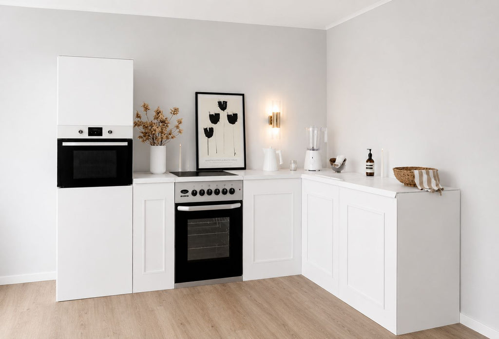 Cocina de cartón 270 × 180 cm con módulo alto y cocina independiente de atrezo para Home Staging