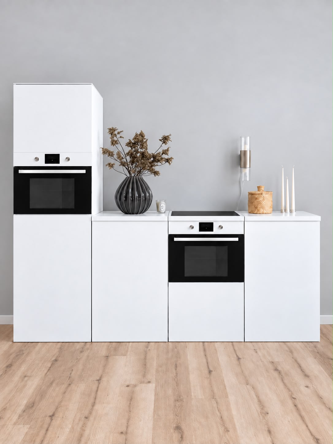 Cocina ESSENTIAL blanca de cartón 240 cm con columna