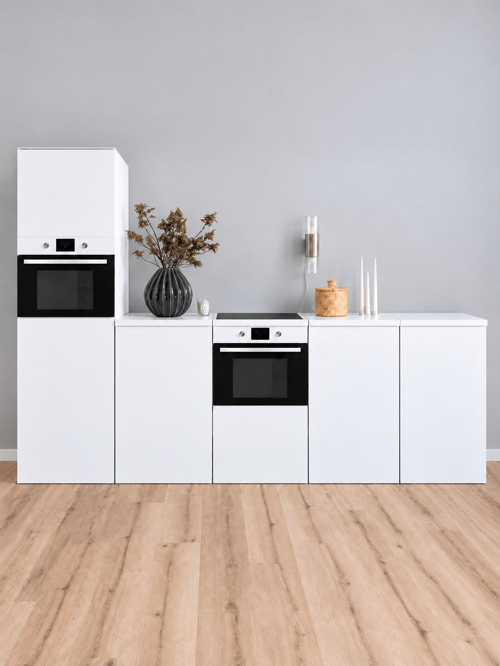 Cocina ESSENTIAL blanca de cartón 300 cm con columna